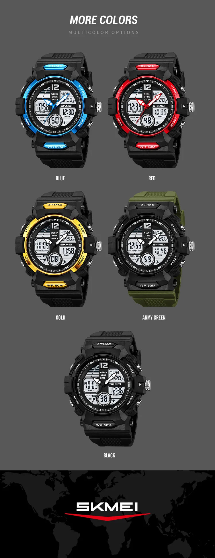 SKMEI World Time Digital Watches Fashion Design Waterproof Chrono Wristwatches Sports Casual Alarm Clock Watches For Men Women
