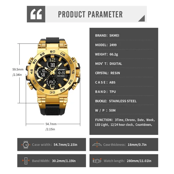 Skmei 2499 Multifunctional Digital Watch with Dual Time, 3Time Display, and LED Light for Men and Women (50M Waterproof) - Image 6