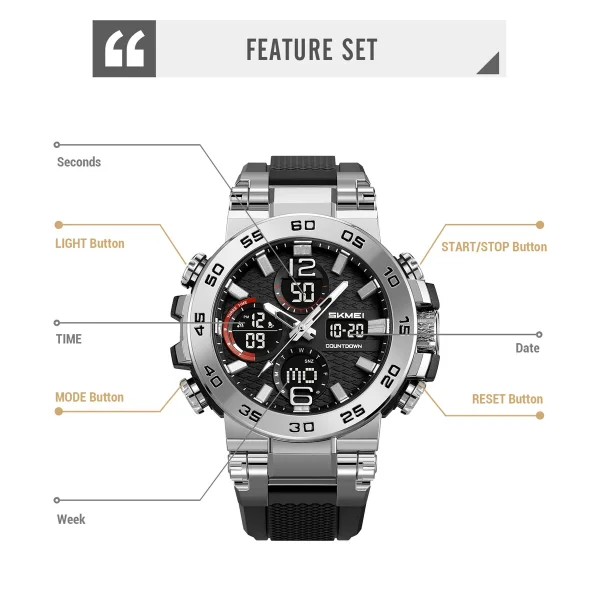 Skmei 2499 Multifunctional Digital Watch with Dual Time, 3Time Display, and LED Light for Men and Women (50M Waterproof) - Image 5