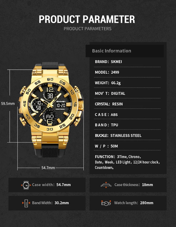 SKMEI Business Classic Dual Time Display Digital Watches Luminous Quartz Watch For Men Women Fashion 3Time Waterproof Wristwatch