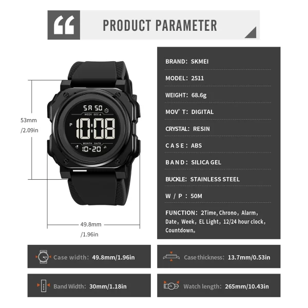 Skmei 2511 Large Digital Chronograph Sports Watch for Men and Women with Countdown Alarm (50M Waterproof) - Image 6