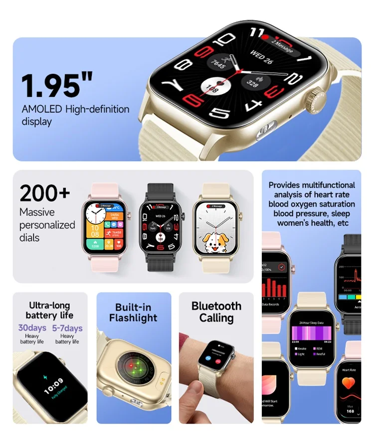 SKMEI 1.952 inch AMOLED Smartwatches Voice Assistant Sports Smart Watch For Men Women IP67 Waterproof Wristwatch For Android IOS