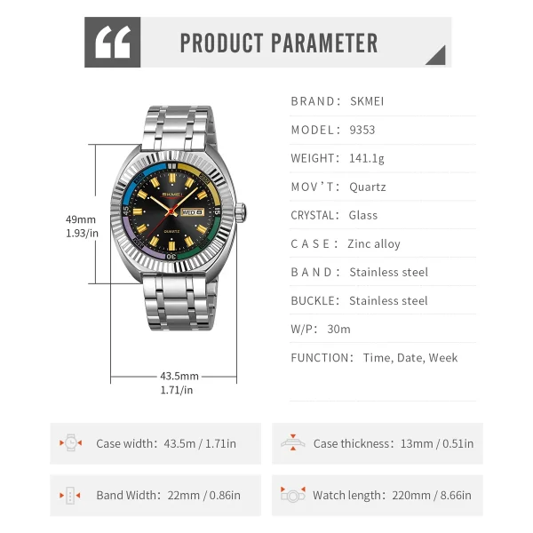 Skmei 9353 Luminous Pointer Date Week Quartz Watch for Men Women (30M Waterproof) - Image 6