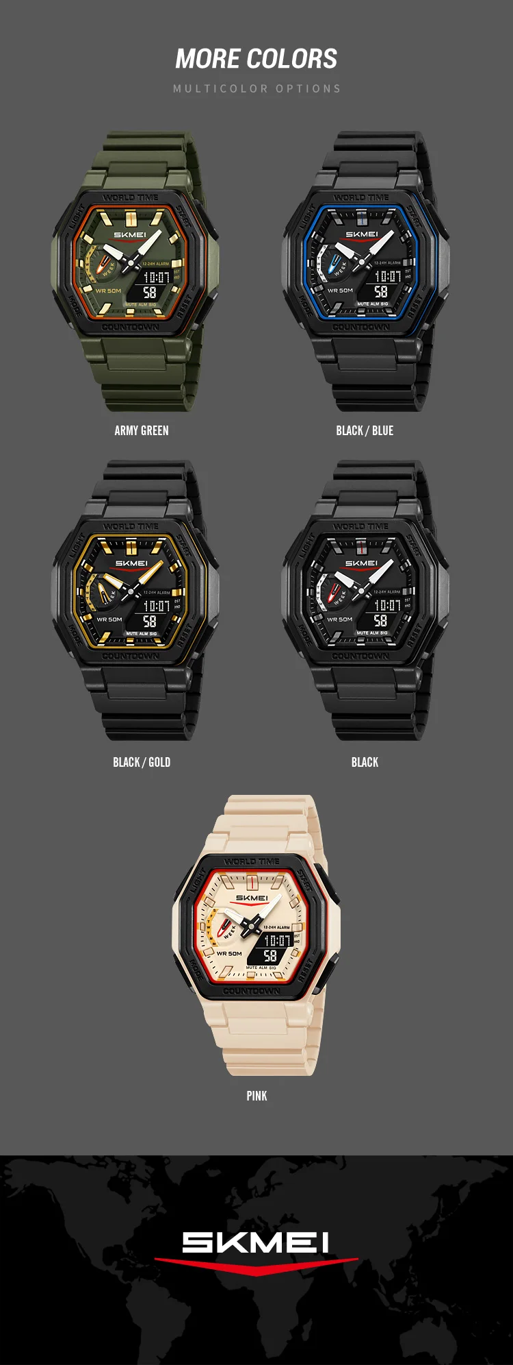 SKMEI Luminous Display Digital Electronics Watch Sports 5 Alarm Quartz Watches For Men Women Waterproof World Time Wristwatches