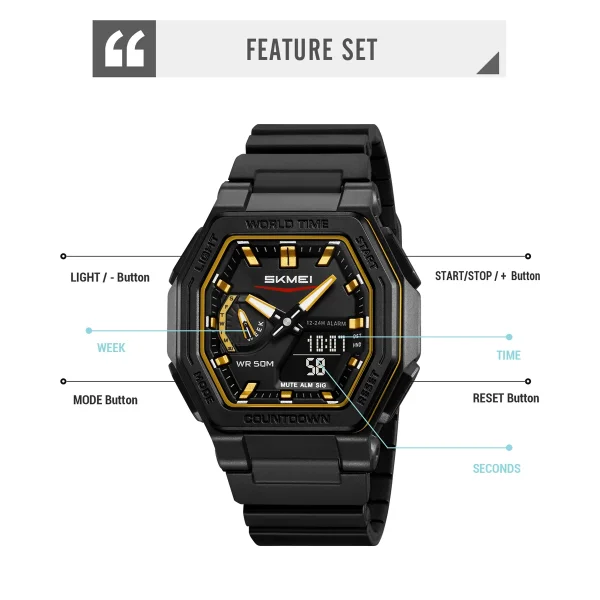 Skmei 2438 Luminous Digital Sports Watch with World Time and 5 Alarms for Men Women (50M Waterproof) - Image 5