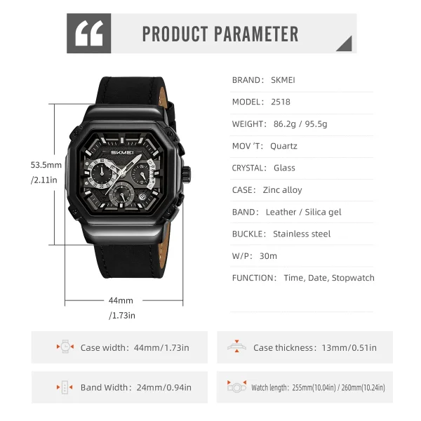 Skmei 2518 Quartz Chronograph Watch with Date for Men and Women (30M Waterproof) - Image 6