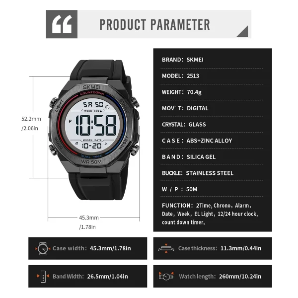 Skmei 2513 Multifunctional Digital Sports Watch with Dual Time and Countdown Timer for Men and Women (50M Waterproof) - Image 6