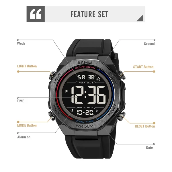 Skmei 2513 Multifunctional Digital Sports Watch with Dual Time and Countdown Timer for Men and Women (50M Waterproof) - Image 5