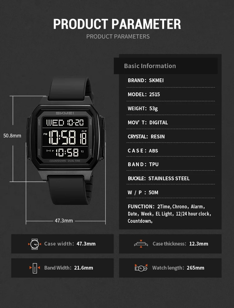 SKMEI Large Dial Digital Electronics Watches For Men Women Students Fashion Chrono Count Down 5 Alarm Wristwatches reloj hombre