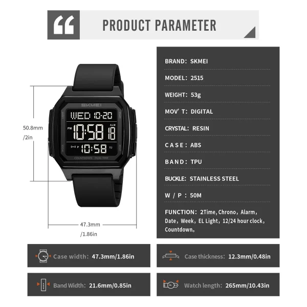 Skmei 2515 Multifunctional Digital Sports Watch with Dual Time, Countdown, 5 Alarms (50M Waterproof) - Image 6