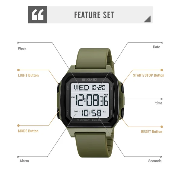 Skmei 2515 Multifunctional Digital Sports Watch with Dual Time, Countdown, 5 Alarms (50M Waterproof) - Image 5