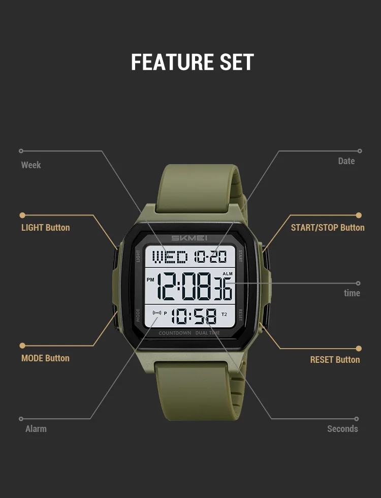 SKMEI Large Dial Digital Electronics Watches For Men Women Students Fashion Chrono Count Down 5 Alarm Wristwatches reloj hombre