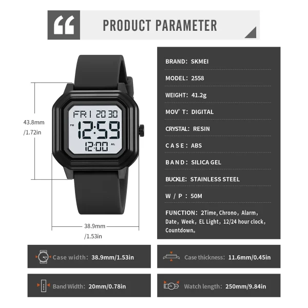 Skmei 2558 Multifunction Digital Sports Watch with Dual Time and Countdown (50M Waterproof) - Image 6