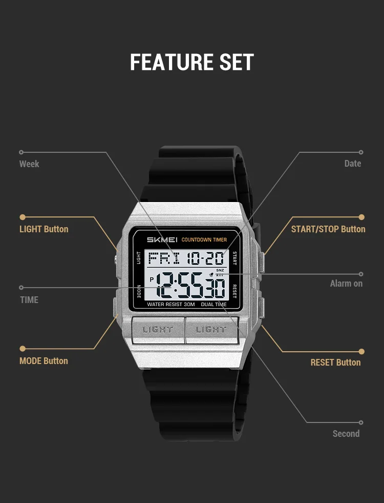 SKMEI Sports Waterproof Digital Electronics Watch For Men Women Fashion Simple 2Time EL Light Count Down Wristwatch Reloj Hombre