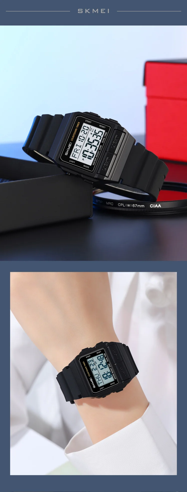 SKMEI Sports Waterproof Digital Electronics Watch For Men Women Fashion Simple 2Time EL Light Count Down Wristwatch Reloj Hombre