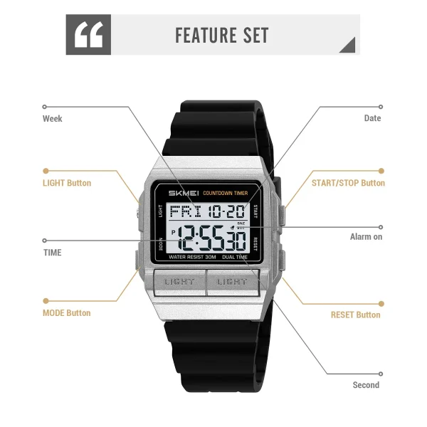 Skmei 2475 Multifunction Digital Sports Watch with Dual Time, Countdown Timer and EL Backlight for Men and Women (30M Waterproof) - Image 5