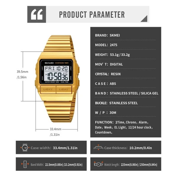 Skmei 2475 Multifunction Digital Sports Watch with Dual Time, Countdown Timer and EL Backlight for Men and Women (30M Waterproof) - Image 6