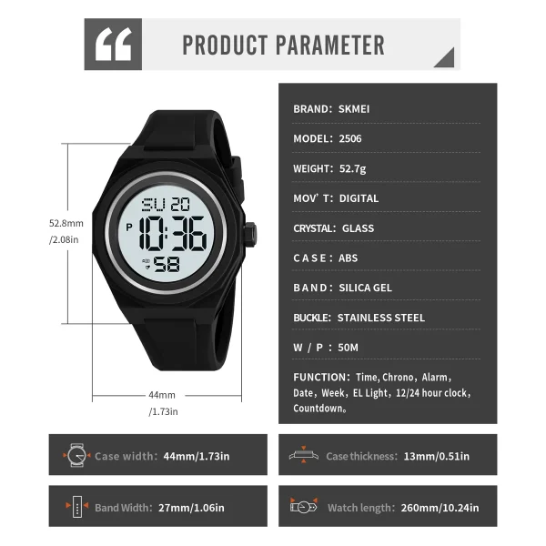 SKMEI 2506 Multifunction Digital Sports Watch with EL Backlight and Countdown Timer for Men Women (50M Waterproof) - Image 6