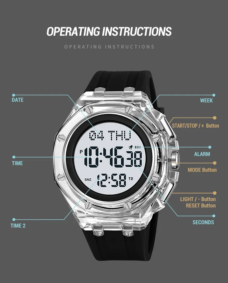 SKMEI Daylight Saving Time Sports Digital Watch For Men Women Casual 4 Alarm Electronics Waterproof Wristwatch Relogio Masculino