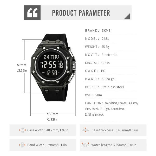 Skmei 2481 World Time Digital Sports Watch with 4 Alarms and Luminous Display for Men Women (50M Waterproof) - Image 6