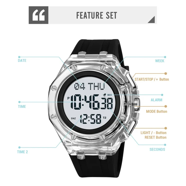 Skmei 2481 World Time Digital Sports Watch with 4 Alarms and Luminous Display for Men Women (50M Waterproof) - Image 5
