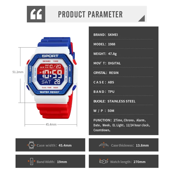 Skmei 1988 Multifunction Digital Sports Watch with Dual Time and Countdown Timer (50M Waterproof) - Image 6