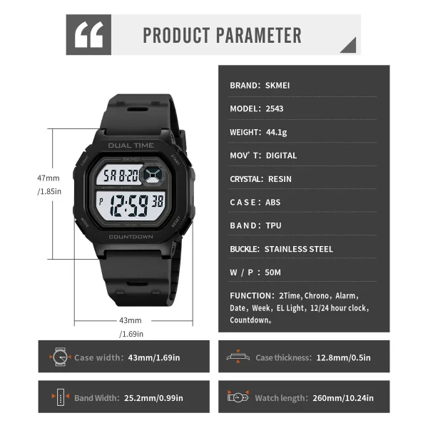 Skmei 2543 Multifunction Digital Sports Watch with Dual Time and Countdown Alarm (50M Waterproof) - Image 6