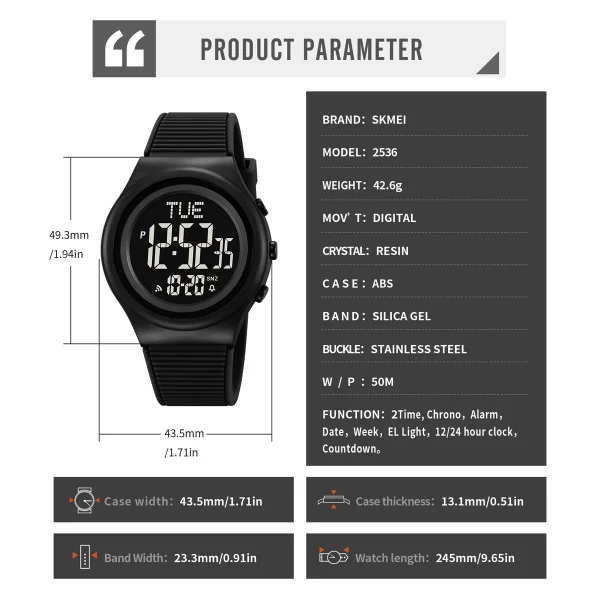 SKMEI 2536 Digital Military Watch with Alarm, Chronograph & Countdown for Men and Women (50M Waterproof) - Image 6