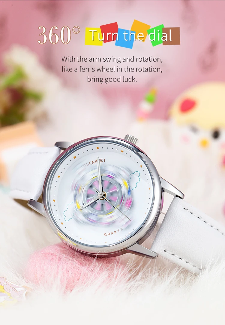 SKMEI 360° Turn Dial Quartz Watches For Women Fashion Lady Wristwatch 3Bar Waterproof Female Cute Cartoon Cat Watch Reloj Mujer