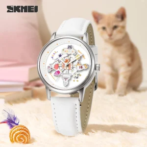 SKMEI Carousel 360° Rotating Dial Quartz Watch for Women with Cartoon Horse Design (3Bar Waterproof)