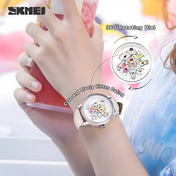 SKMEI Carousel 360° Rotating Dial Quartz Watch for Women with Cartoon Horse Design (3Bar Waterproof) - Image 3