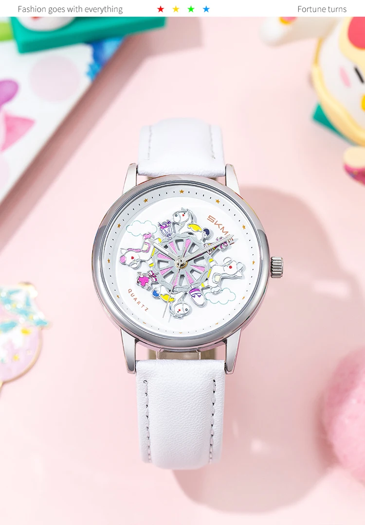 SKMEI 360° Turn Dial Quartz Watches For Women Fashion Lady Wristwatch 3Bar Waterproof Female Cute Cartoon Cat Watch Reloj Mujer