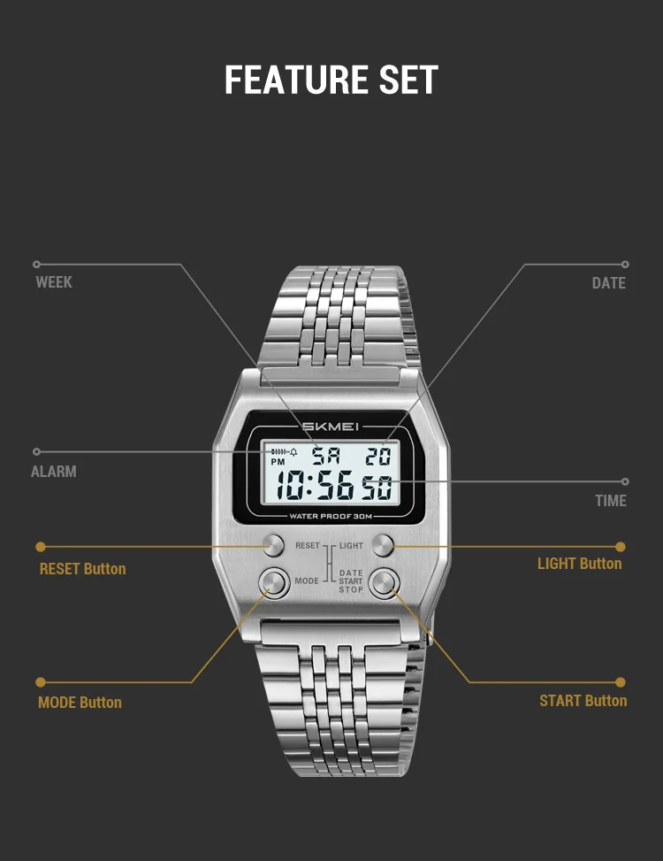 SKMEI Creative Stopwatch Waterproof Digital Electronic Watch For Men Women Fashion Stainless Steel Strip Wristwatch Reloj Hombre