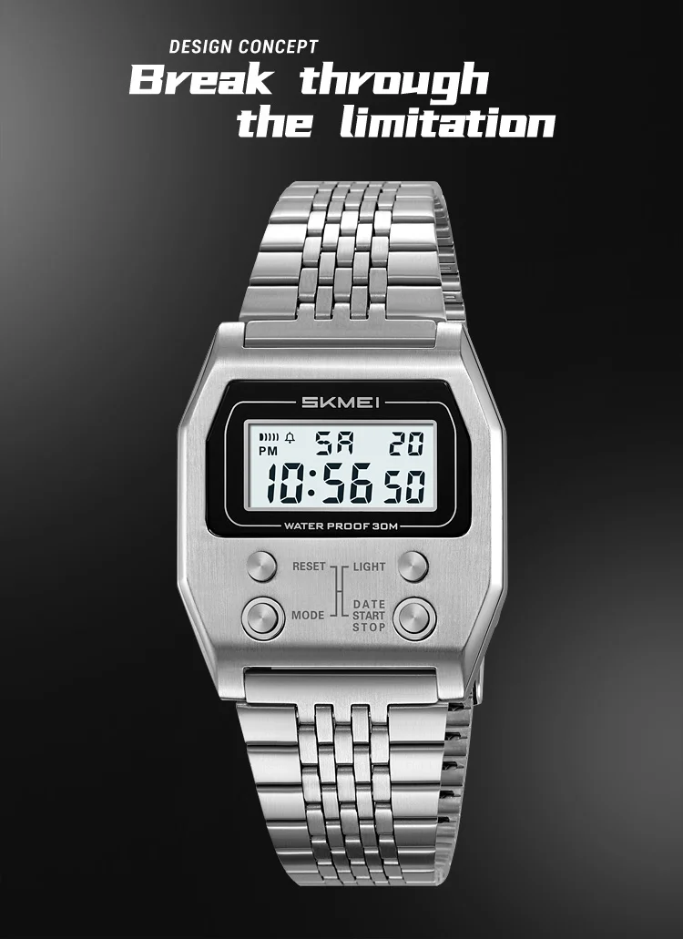 SKMEI Creative Stopwatch Waterproof Digital Electronic Watch For Men Women Fashion Stainless Steel Strip Wristwatch Reloj Hombre