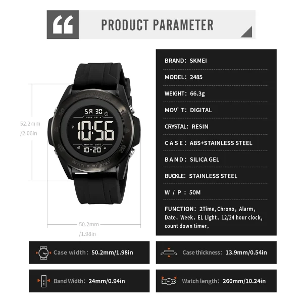 SKMEI 2485 Multifunction Digital Sports Watch with Chronograph and Countdown (50M Waterproof) - Image 6