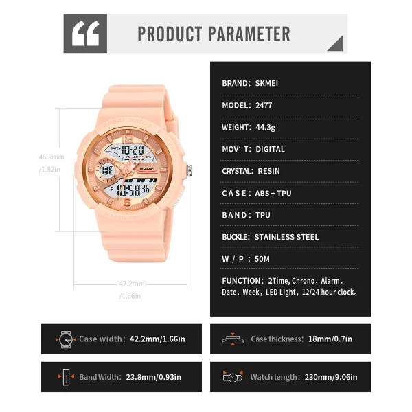 SKMEI 2477 Multifunction Digital Sports Watch with Dual Time and LED Light for Men (50M Waterproof) - Image 6