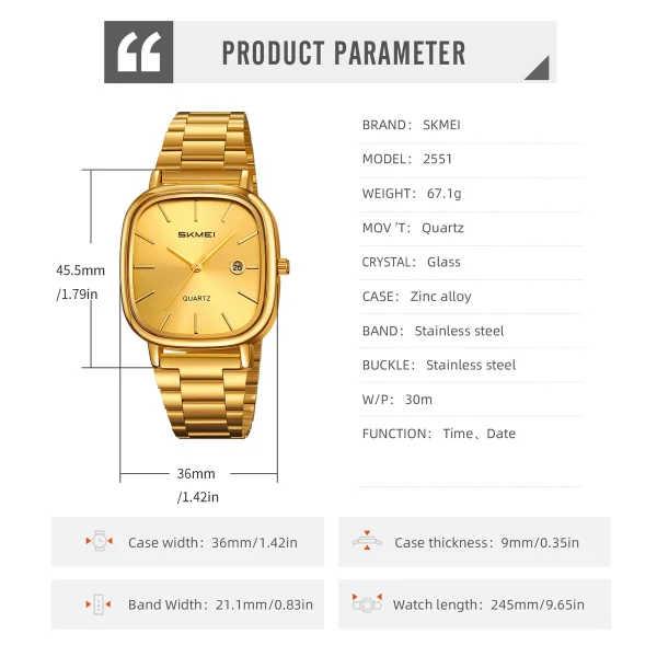 Skmei 2551 Simple Stainless Steel Date Watch for Men and Women (30M Waterproof) - Image 6