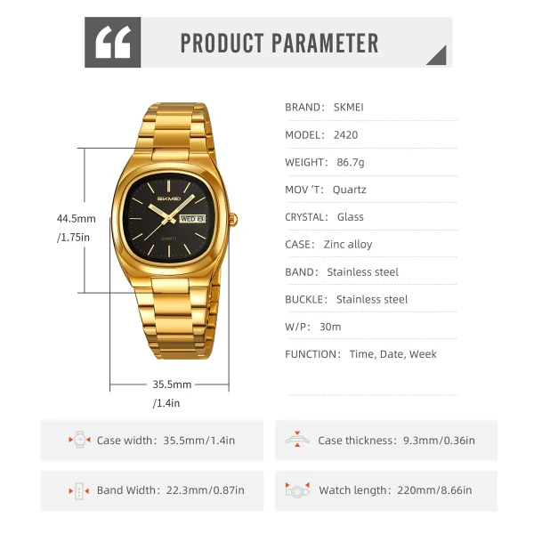 SKMEI 2420 Multifunctional Quartz Watch with Week and Date Display for Men Women (30M Waterproof) - Image 6