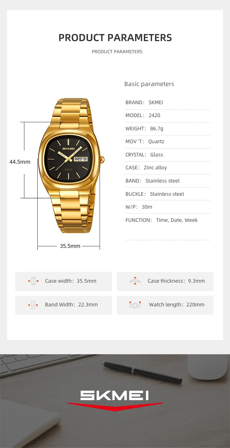 SKMEI Business Multifunctional Quartz Watches Fashion Week Date Watch For Men Women Waterproof Stainless Steel Strip Wristwatch