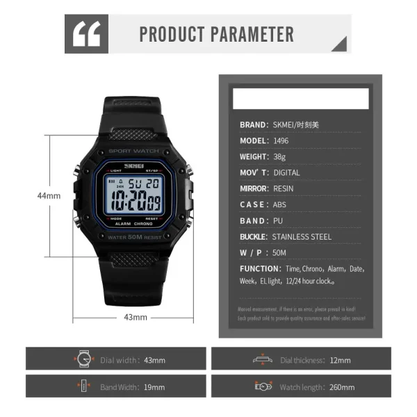 SKMEI 1496 Multifunction Digital Sports Watch with Stopwatch and Alarm for Men Women (50M Waterproof) - Image 6