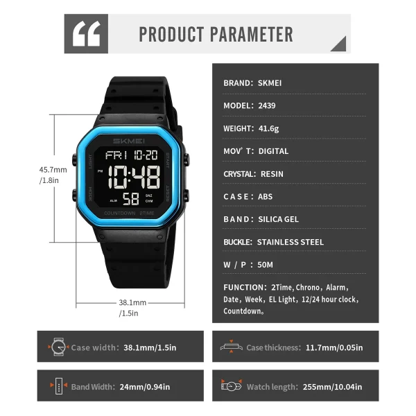 SKMEI 2439 Multifunction Digital Sports Watch with EL Light and Countdown (50M Waterproof) - Image 6