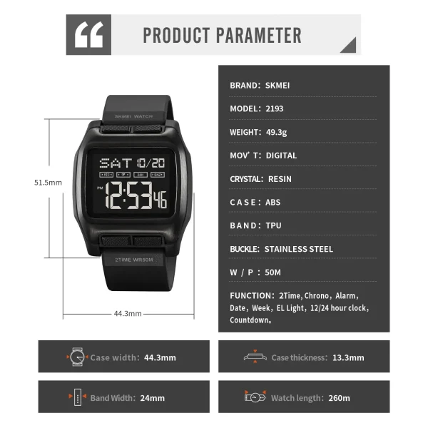 SKMEI 2193 Multifunction Digital Sports Watch with Dual Time and Countdown for Men Women (50M Waterproof) - Image 6