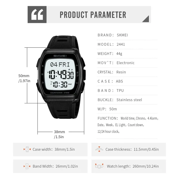SKMEI 2441 Multifunction Digital Sports Watch with World Time, Chronograph and Countdown Timer (50M Waterproof) - Image 6