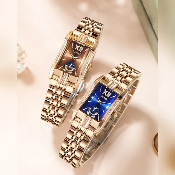 Skmei 9251 Elegant Diamond Rectangular Watch for Women with Rose Gold Steel Bracelet (30M Waterproof) - Image 2