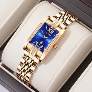 Skmei 9251 Elegant Diamond Rectangular Watch for Women with Rose Gold Steel Bracelet (30M Waterproof)