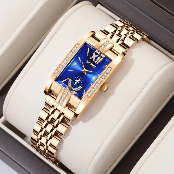 Skmei 9251 Elegant Diamond Rectangular Watch for Women with Rose Gold Steel Bracelet (30M Waterproof)