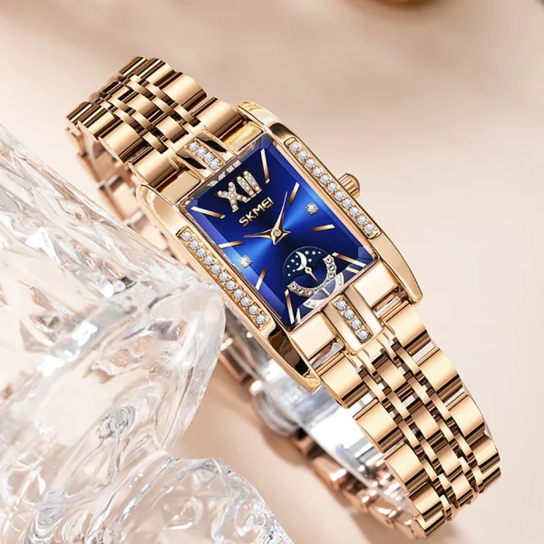 Skmei 9251 Elegant Diamond Rectangular Watch for Women with Rose Gold Steel Bracelet (30M Waterproof) - Image 4