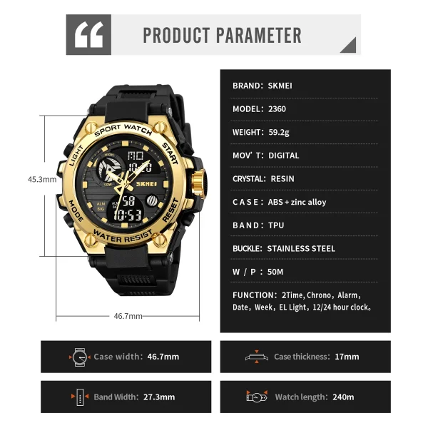SKMEI 2360 Dual Time Digital Sports Watch with LED Light (50M Waterproof) - Image 6