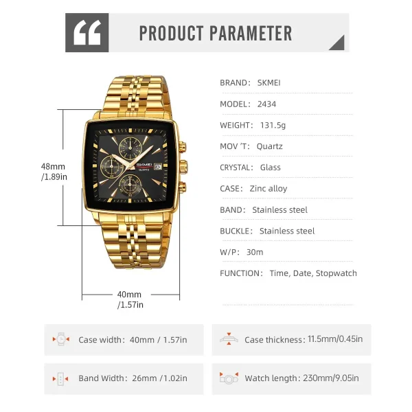 SKMEI 2434 Stainless Steel Quartz Watch with Stopwatch for Men and Women (30M Waterproof) - Image 6