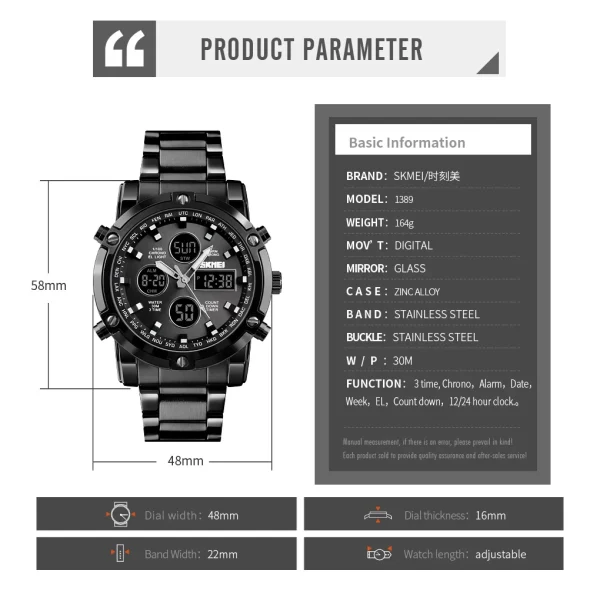 SKMEI 1389 Multifunction Digital Sports Watch for Men with Triple Time Display and Countdown Timer (30M Waterproof) - Image 6